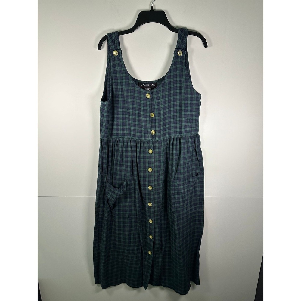 J.G. Hook Dress Womens M Green Navy Plaid Button Front Pockets 100% Cotton Midi